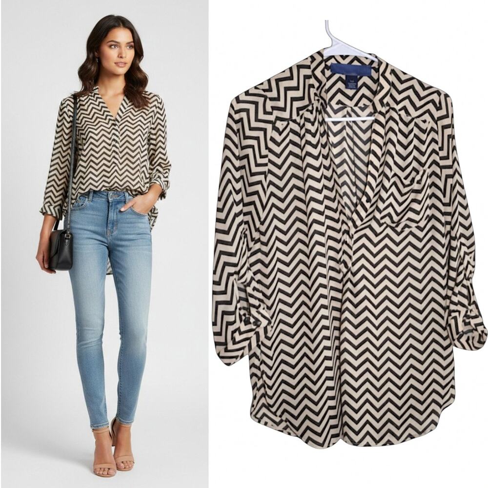 Black & Tan Chevron Print Tunic Top Women’s S 3/4 Roll-Tab Sleeve High-Low Hem
